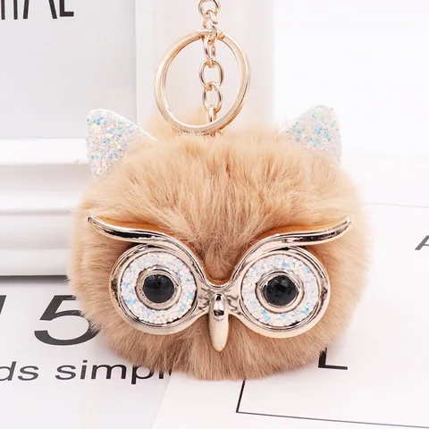 Cute Sequin Ears Owl Keychain Fluffy Artificial Rabbit Hairy Pom-pom Keychain Women's Shoulder Bag Owl Pendant Key Ring