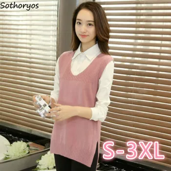 

Sweater Vest Women Plus Size 3XL Knitted Long Korean-style Baggy Casual Side-split Female All-match Solid Simple Fashion V-neck