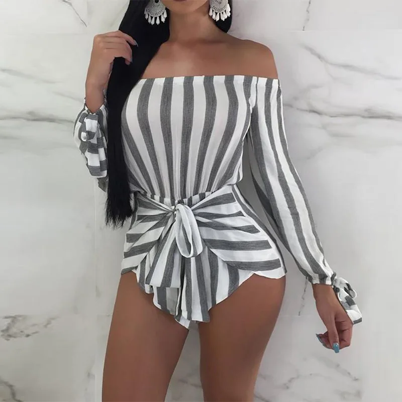 Сексуальный комбинезон с открытыми плечами в полоску с поясом Womem Rompers короткий цельный комбинезон