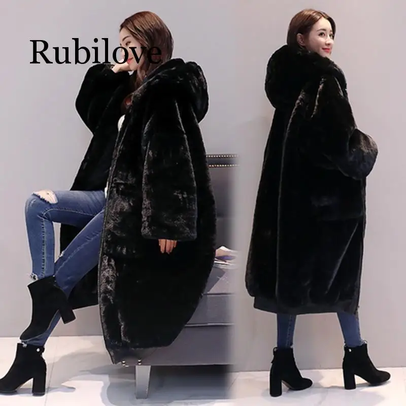 

New winter loose imitation faux fur coat hooded women long section of artificial wool thickening warm wool jacket