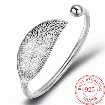 Fashion 925 Sterling Silver Woman Cuff Bracelet Open Leaf Shaped Adjustable Charm Bangle Girls Party Jewelry Gifts