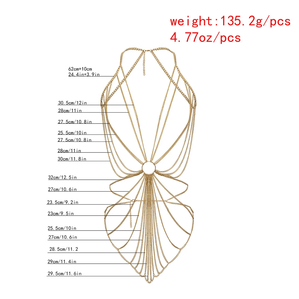 Sexy Multi-layer Fringe Body Chain Beach Bikini Crossover Silver Gold Body Chain Harness Necklace Chest Jewelry for Women