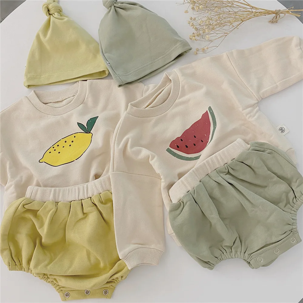 Autumn baby boys girls cute fruit printed long sleeve sweatshirt + shorts cap 3 pcs sets Infants casual outfits | Детская одежда и