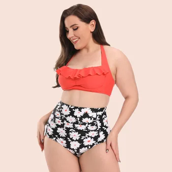

купальник женский 2 Pcs set Swimsuit Ladies flounce high-waisted swimsuit Push Up tropical plant print bikini set swimwear women