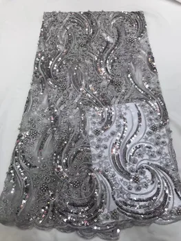 

2020 New African Sequins Lace Fabric High Quality Grey Gold French Nigerian Net Tulle Lace Fabric For Women Wedding Party Dress