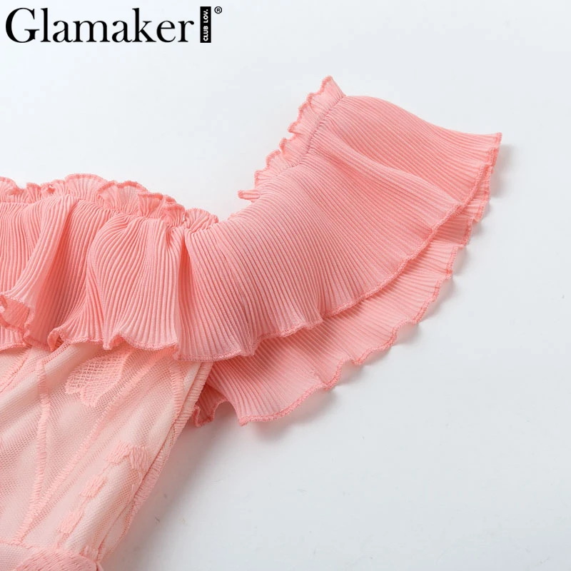 Glamaker, сексуальное платье с открытыми плечами, женское, с рюшами, розовое, кружевное, Клубное, летнее, короткое, праздничное платье, Vestido fiesta, очаровательное, женское платье с открытой спиной