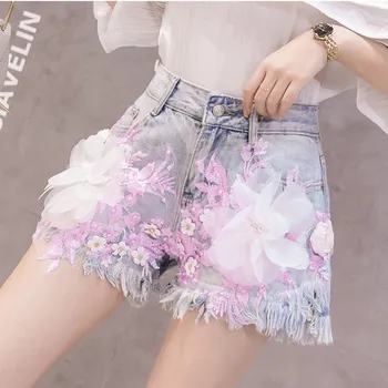 

Feminino Jean Shorts Casual Women Street Fashion High Waist Flower Shorts Ladies Causal Jeans