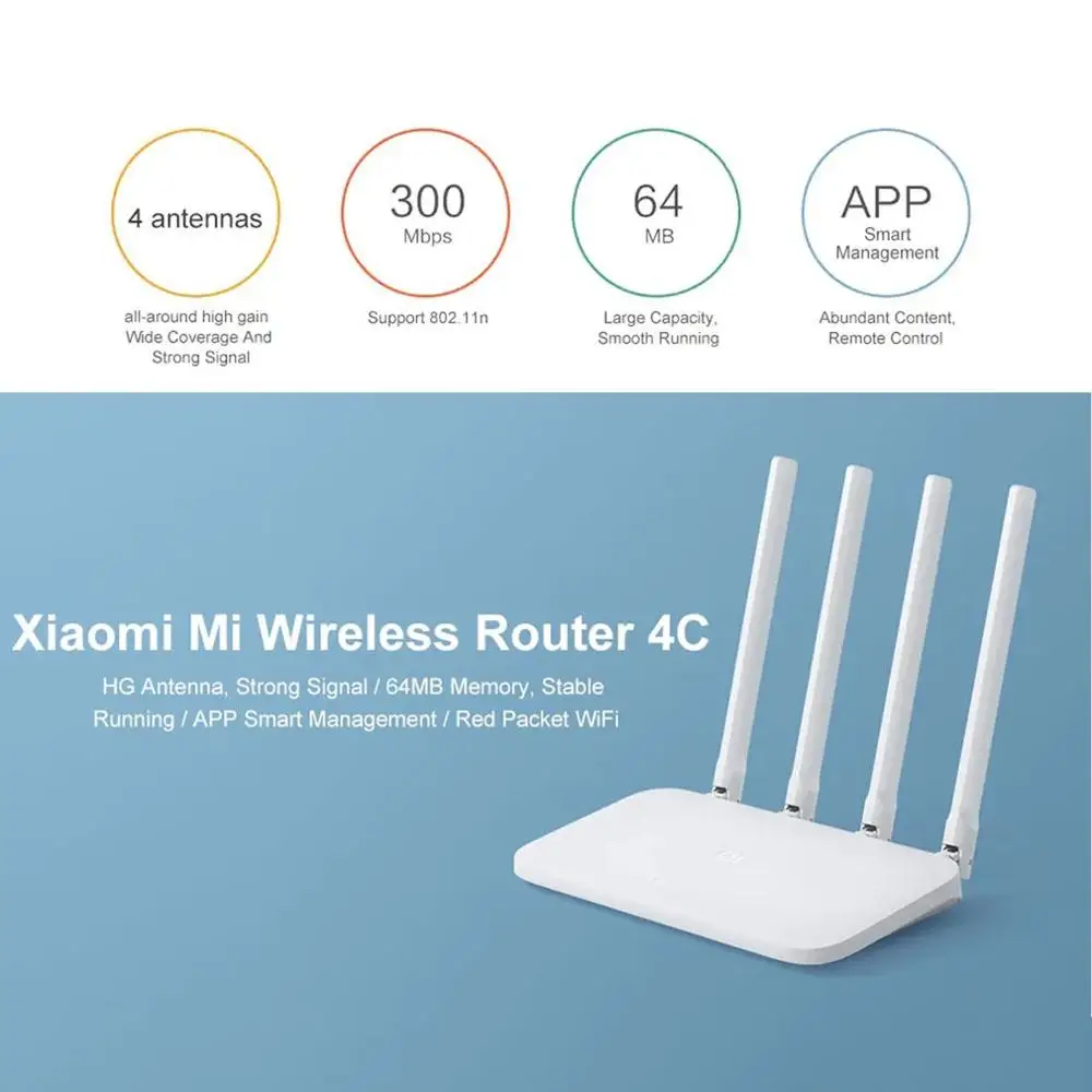 Xiaomi роутер 4C высокоскоростной Wi-Fi 802 11 b/g/n 2 4G 300 Мбит/с 4 антенны Смарт приложение