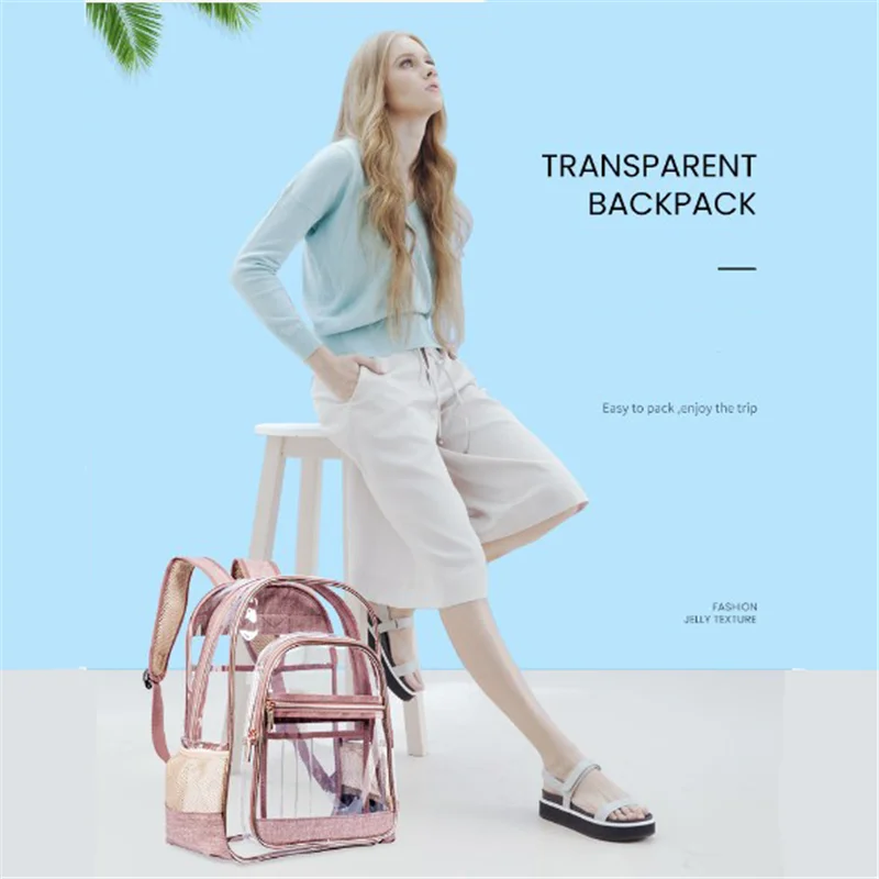 

Stylish Backpack Women PVC Female Transparent Backpack Simplicity Zipper Waterproof Large Capacity Design School Bag MM50018