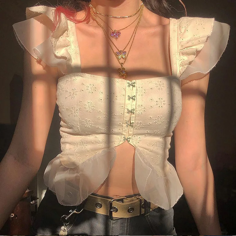 

Summer lace crop top womens tops and blouses elegant ruffle vintage blusas casual white shirt korean ladies tops
