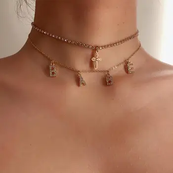 

Lacteo Shiny Rhinestone Letter Babe Cross Pendant Necklace Luxury Crystal Double Layer Clavicle Chain Choker Necklace for Women