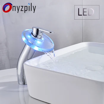 

NEW LED Luminous Basin Faucet Copper Waterfall Water Temperature Control Discoloration Table Washbasin Bathroom Sink Mixer Tap