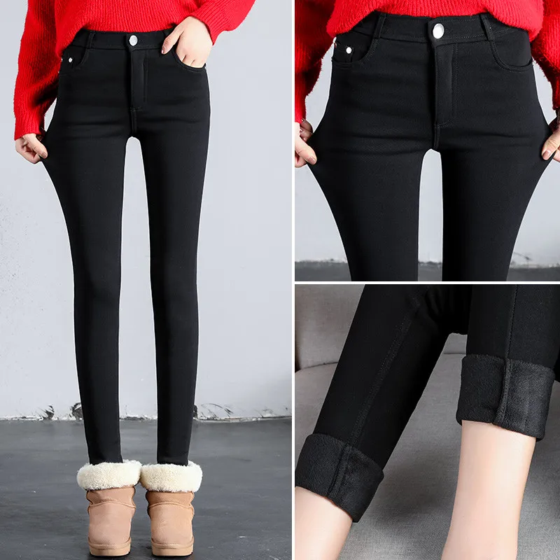 Women Plus Size Winter Solid Fleece Pants Fashion Black White Trousers Casual Warm Thicken Pencil Pants Sexy Streetpants P9189