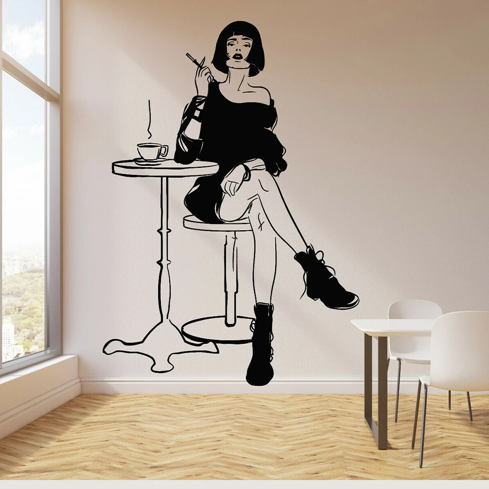 Cafe drink Coffee Wall Decal Vinyl Parisian Beauty Woman In Cafe Coffee Cigarette Wll Stickers door Decoration Poster Z590