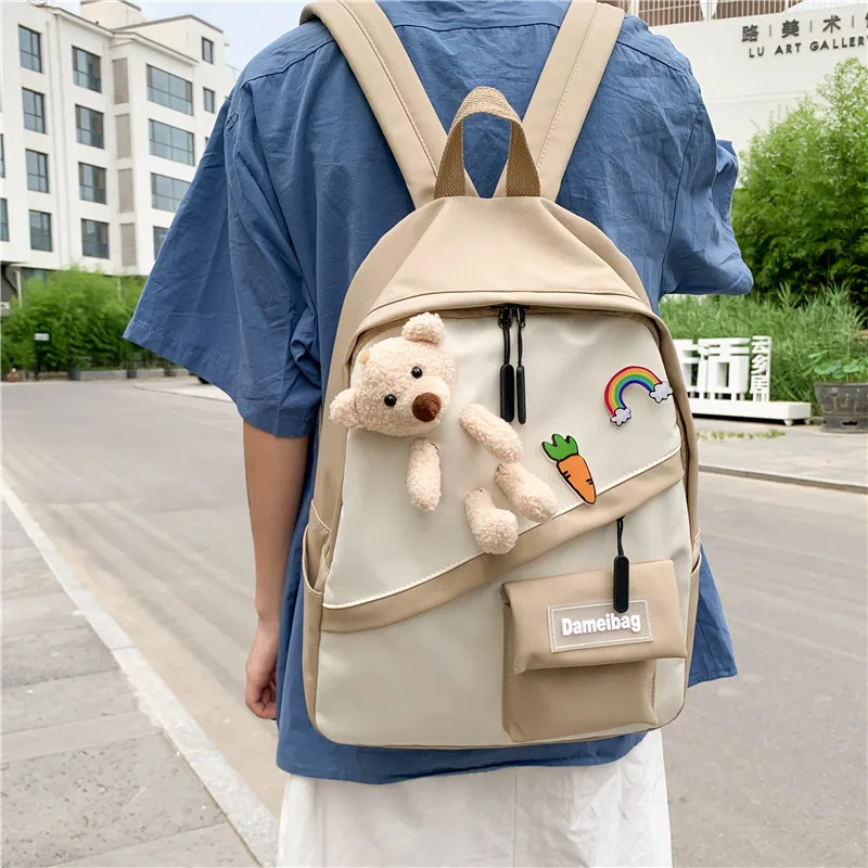 

Backpack Women Patchwork Casual Simple Cute Bear badge Harajuku School Bag Students Couples Ins Backpack Korean Style Ulzzang
