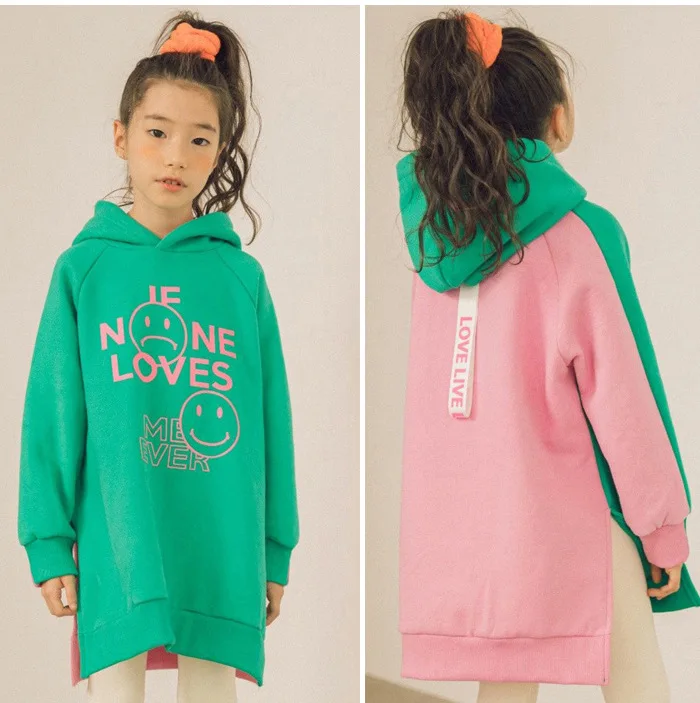 Цветные Лоскутные плотные длинные толстовки с капюшоном для девочек, юбка корейская детская одежда Повседневная осенне-зимняя одежда для девочек 8, 10, 12 лет