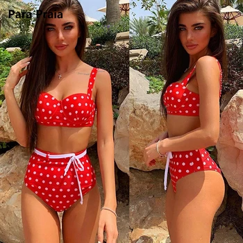 

2020 New Summer Red Solid Swimsuit Women High Waist Halter Bikini Set Bandage Swimwear Sexy Beach Wear Biqiuni