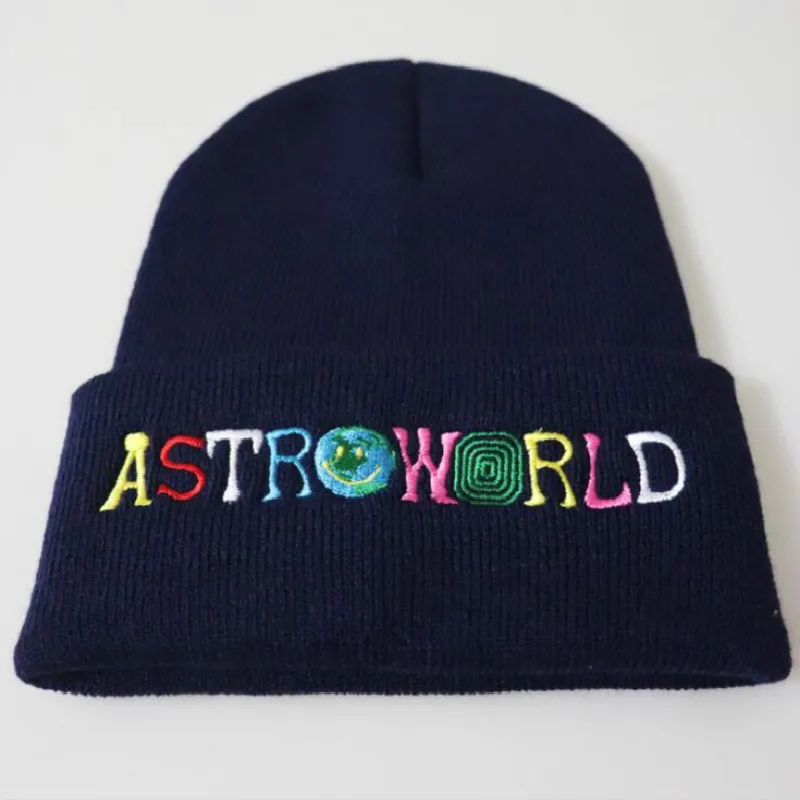 Тёмно-синий Вышивка буквы ASTROWORLD зимняя женская шапка хип-хоп astro world Skullies шапочка унисекс Теплая Лыжная Шапка мужская вязаная шапка - Цвет: Тёмно-синий