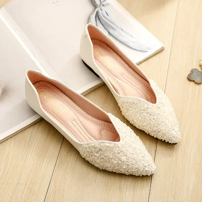 

Single shoes fairy wind soft bottom scoop shoes pointed large size women's shoes wild sequins bridesmaid shoes flat