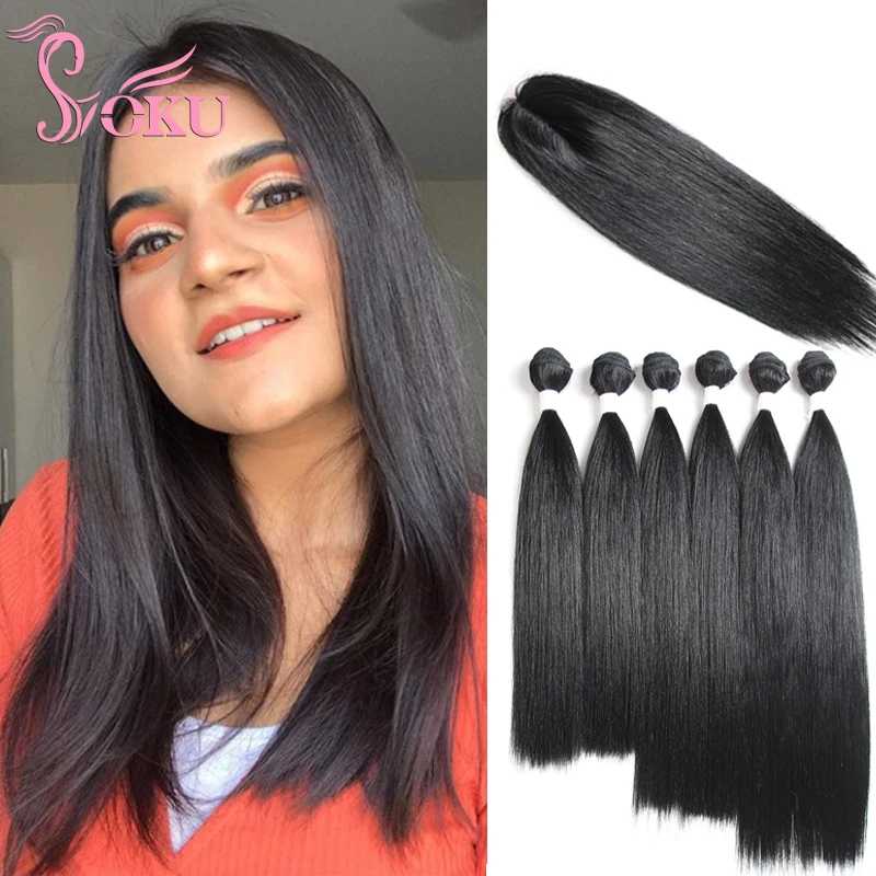 SOKU-Extensión de pelo liso negro Natural tejido de pelo sintético con mechones de cierre, 14-18 pulgadas, fibra resistente al calor