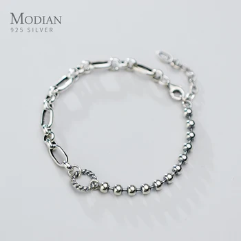 

Modian Vintage Geometric Oval Light Beads Bracelet for Women Real 925 Sterling Silver Irregular Link Chain Bracelet Fine Jewelry