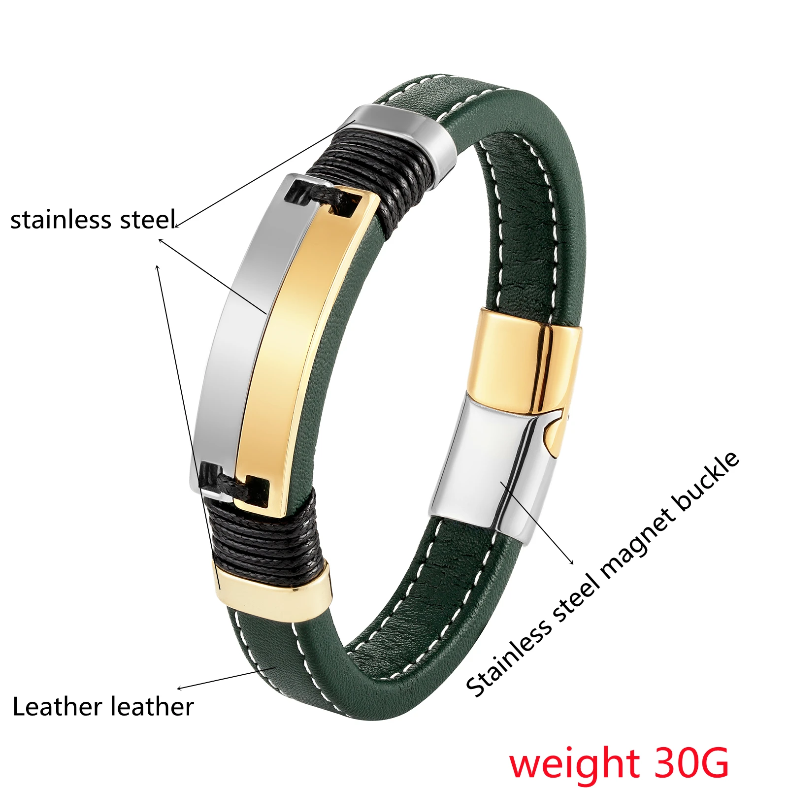 2021 New Fashion Punk Style Double Row Smooth Multicolor Stainless Steel Men's Bracelet Charm Green Wide Leather Cord Bracelet - Image 6