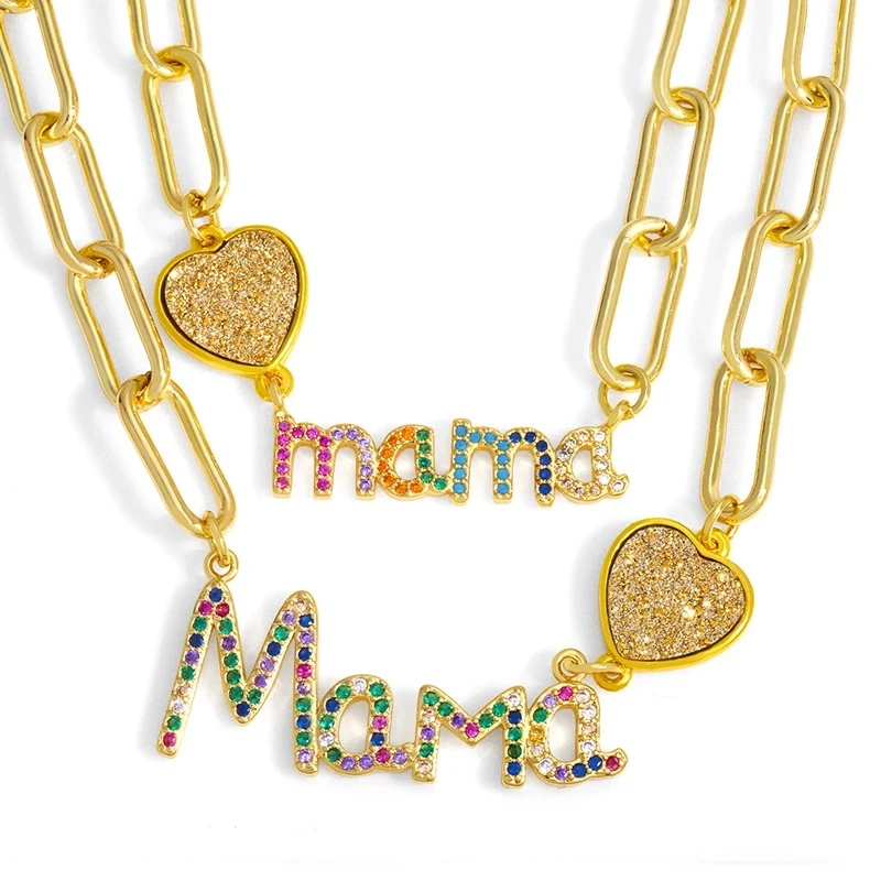 Gold Chunky Chain MaMa Pendant Necklace 