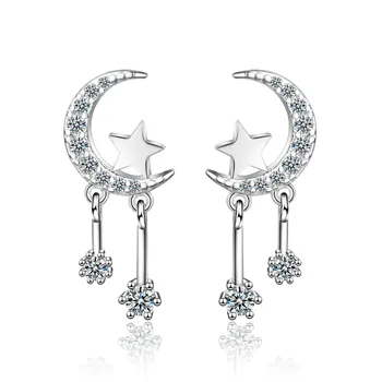 

Simple Silver Color Zircon Moon Star Tassel Earring For Women Gift brincos oorbellen 925 Sterling Silver Prevent Allergy Earring