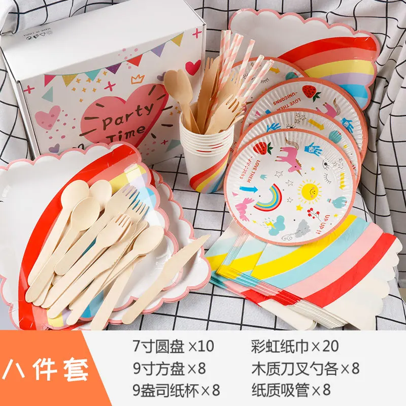 

Rainbow Unicorn Disposable Children's Birthday Party Wild Dinner Wedding Anniversary Day Paper Plate Set Dinner Plate Paper Cup