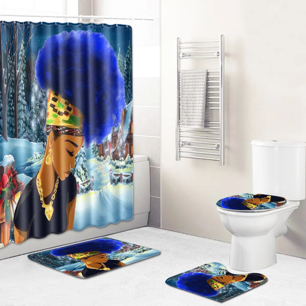 Bath Mat Set 4pcs African Woman Polyester Shower Curtain Set Non Slip Rugs Carpet for Bathroom Toilet FlannelJ190901