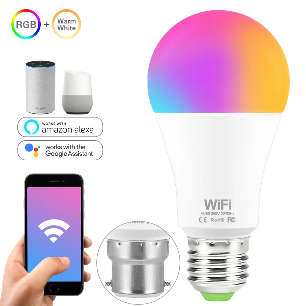 Умсветильник ПА B22 E27 RGB 15 Вт с Wi-Fi лампа работает Alexa/Google Home AC85-265V + белый/теплый