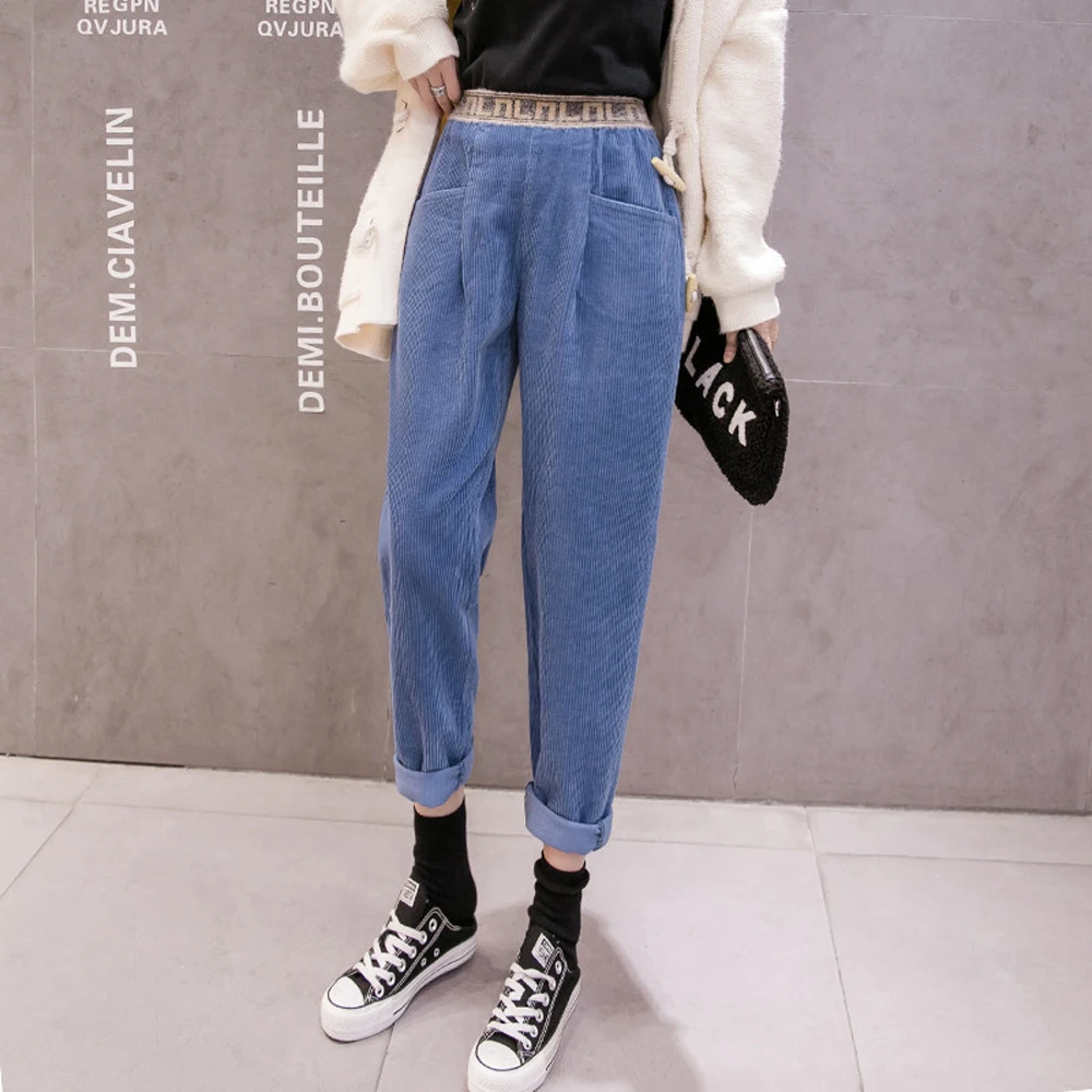 

Corduroy harem pants female 2019 autumn and winter new casual loose slimming elastic waist pockets wild nine points casual pants