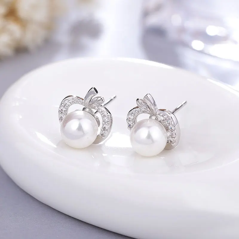silver-apple MAIKALE, корейские жемчужные серьги-гвоздики, яблоко, звезда, пятиугольник, кубический цирконий, медь, золото, серебро, небольшой талисман, серьги для женщин, милый подарок - Окраска металла: silver-apple