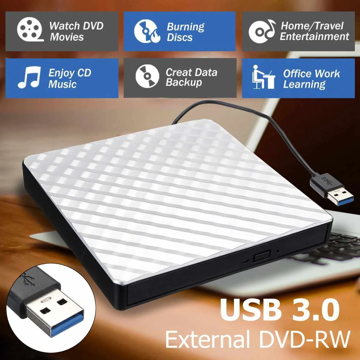USB 3.0 Slim External DVD RW CD Writer Drive Burner Reader Playe