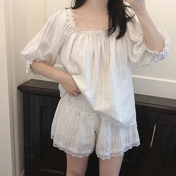 

Cute Sweet Princess Stylte White Color Shorts Pajamas Set Square Collar Palace Style Cute Cotton Home Shorts Pajamas Women Pjs