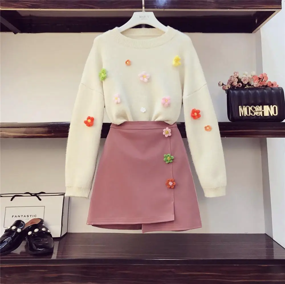 

Sweet Women Autumn Sweater Clothing Set Long Sleeve 3D Flowers Knitted Tops+Fashion Leather Mini Skirt Female Korean 2PCS Suits