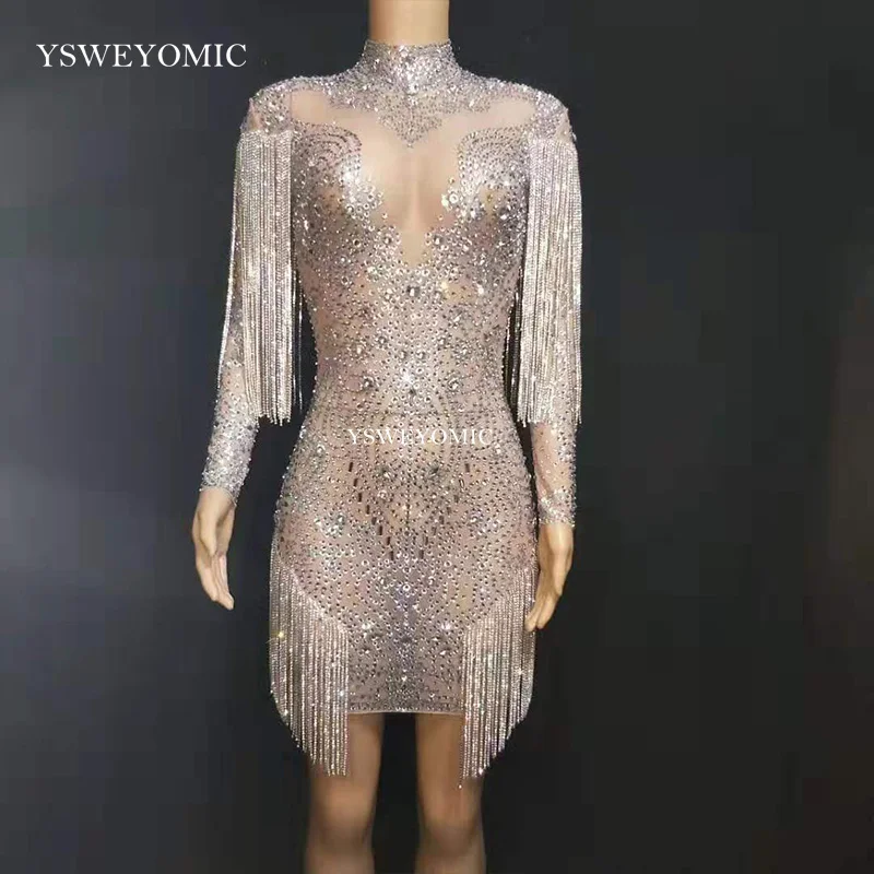 

Sparkly Crystals Chains Mesh Perspective Dress Evening Party Dresses Evening Birthday Celebrate Singer Performance Short Dress