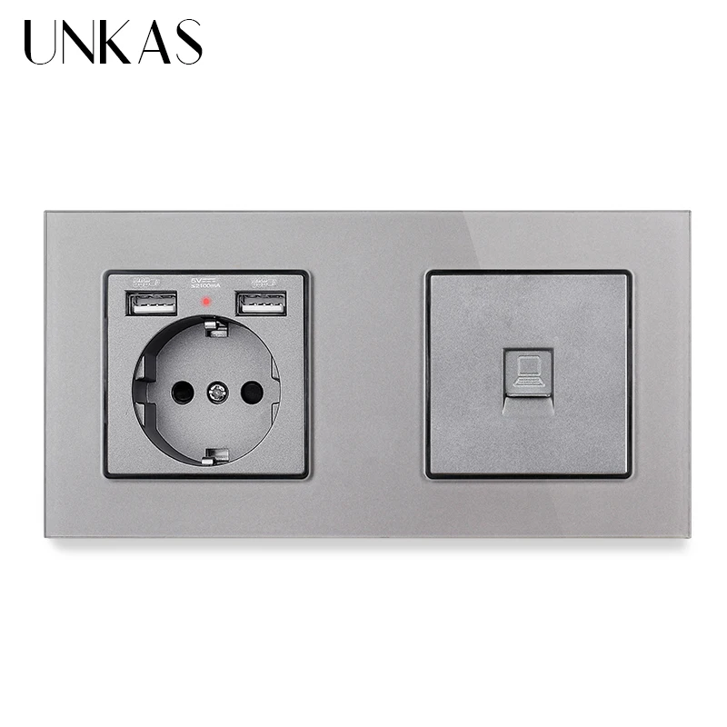UNKAS электрическая розетка со стеклянной панелью европейского стандарта с 2 USB + 1