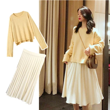 

Women sets Long Sleeve Loose Pullover Sweater And Knitted A-Line Pleated Skirts Two Piece Sets Sweater Skirt Suits Plus Size 4XL