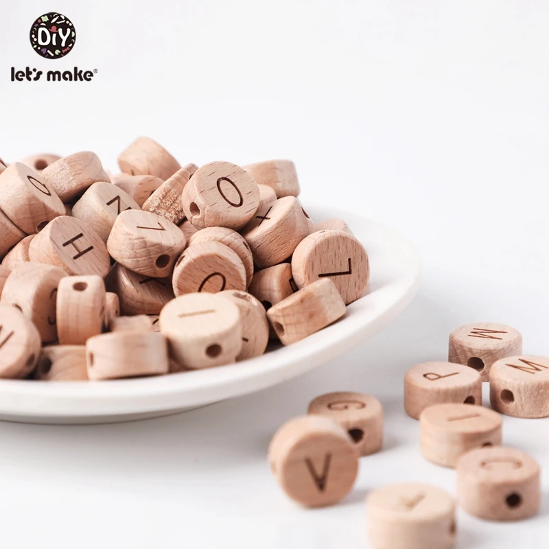 Let'S Make 50Pc Diy Handmaking Wooden Beads Round Beech Wood Alphat English Letter Beads For Rattles Baby Toys Wooden Teether