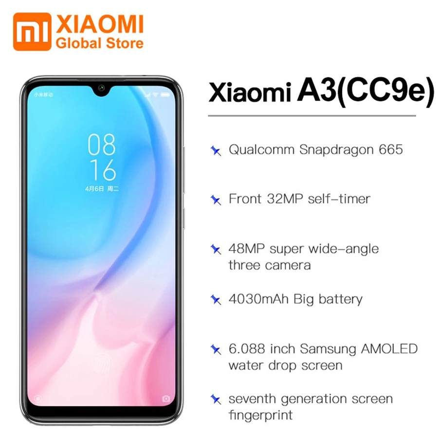 Pаспродажа Глобальная версия Xiaomi Mi A3, 4 ГБ, 64 ГБ, 4030 мАч, 48 МП, Восьмиядерный процессор Snapdragon 665, тройная камера, датчик отпечатков пальцев, мобильный телеф...