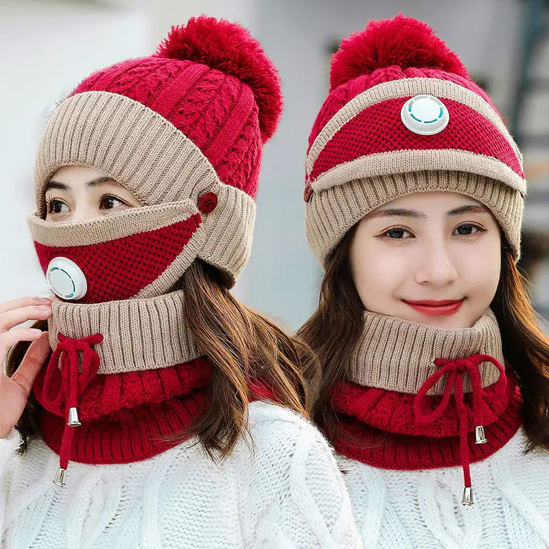 

Winter Cycling Hat Women 3 piece Warm Wool Beanies Skullies Hats With Mask Collar Bib Female Velvet Thick Anti-smog Knit Caps