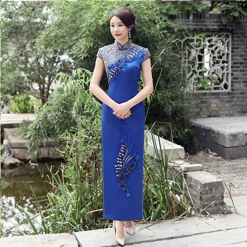 Китайский стиль длинный традиционный ченсам женские атласные длинные Qipao классические Чонсам с вышивкой летнее платье больших размеров S-5XL
