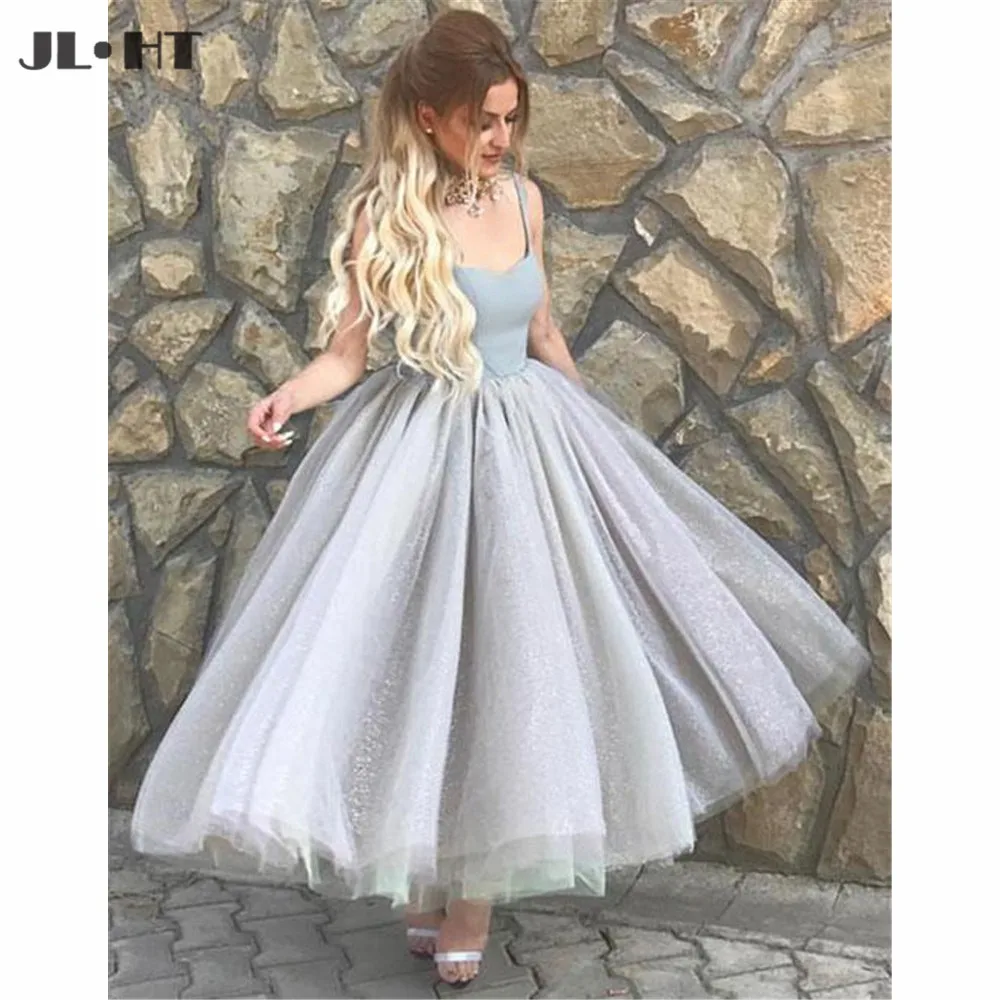 

Simple Grey Homecoming Graduacion Dresses Ankle Length V-Neck Pleat Tulle Prom Gown A-Line Evening Party Dress
