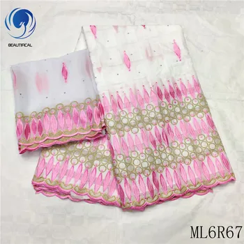 

BEAUTIFICAL white cotton lace fabrics with pink embroidery stones high quality nigerian voile lace fabric 5+2yards ML6R67