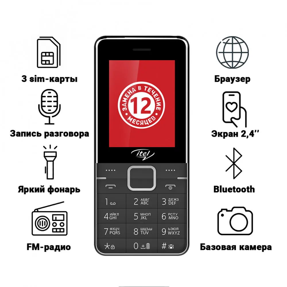 Сотовый телефон ITEL it5615 2.4'' 320x240 64MB RAM up to 32GB flash 0.08Mpix 3 Sim 2G BT v2.1 2500mAh | Мобильные