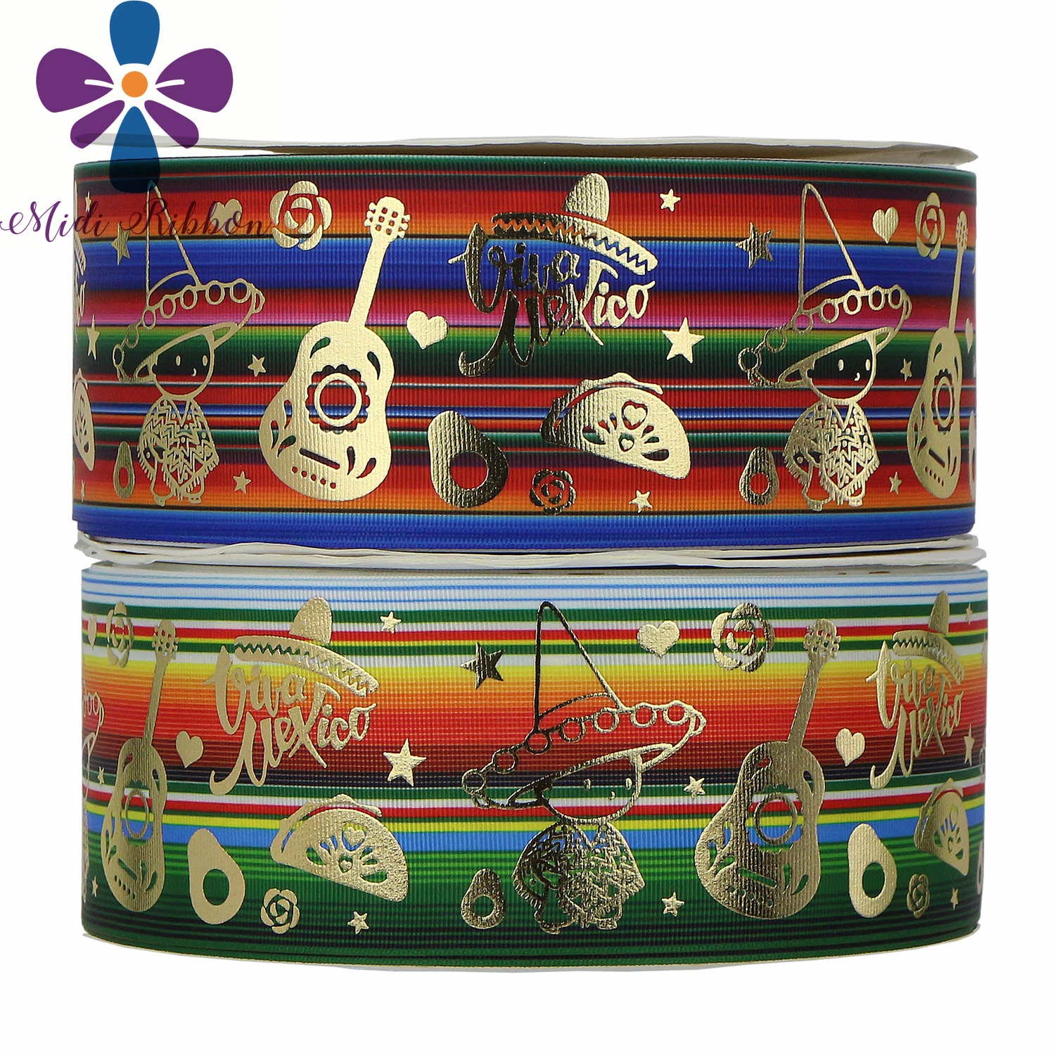 

3"75mm Mexico Festival Gold Foil Gradient Stripes Printed Grosgrain Ribbon DIY Party Decor Gift Packing Hairbow 50yards/roll
