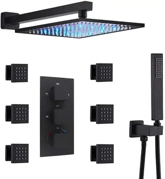 

Luxury Black12 Inch Wall Mounted LED Rain Shower Head withThermostatic Mixer Valve and 6 Massage Body Sprays and Handheld Shower