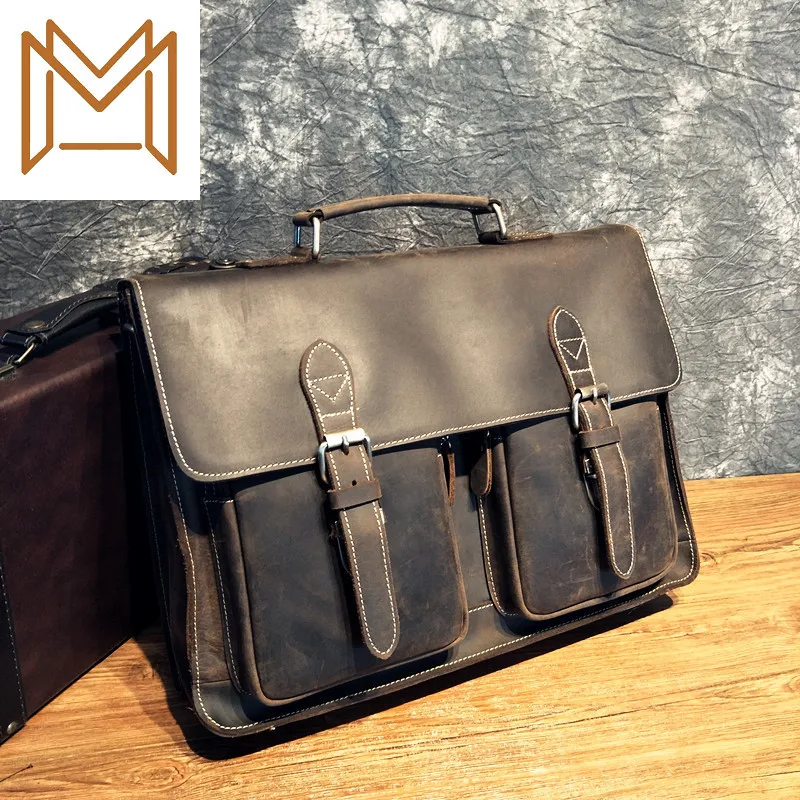 

Genuine Leather Briefcase Business Affairs Single Shoulder Span Portable Layer Cowhide Crazy Horsehide