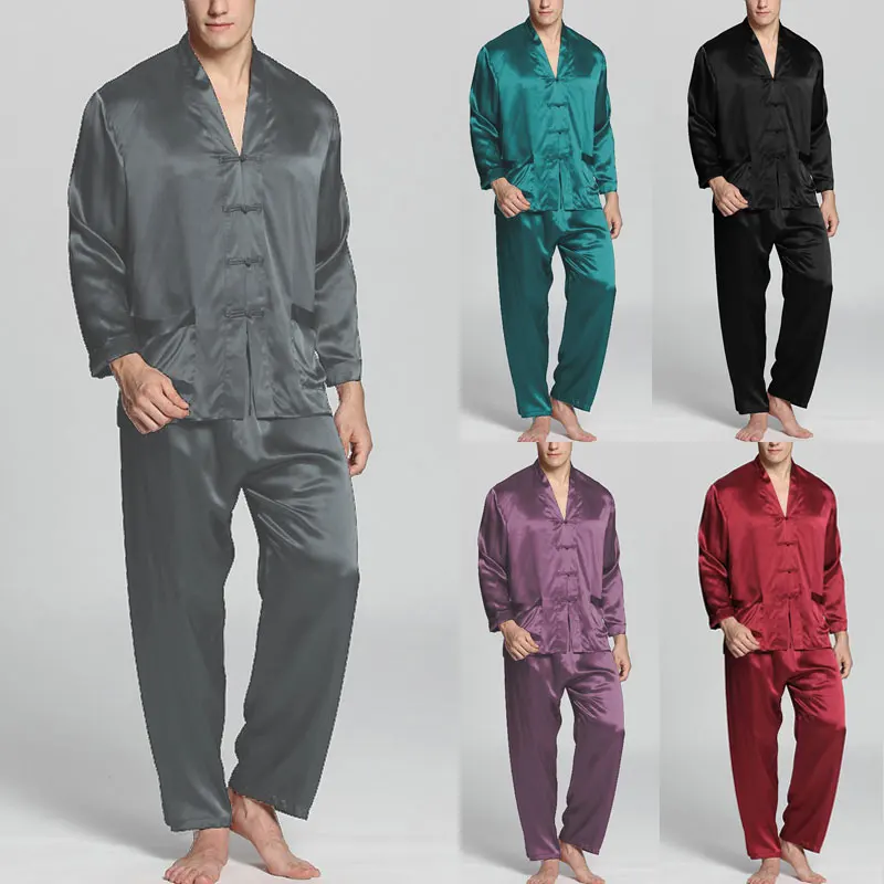

2020 Summer Men Sleep Sets Men Fashion Pajamas Sets Faux Silk Solid Color Nightwear Long Sleeve V Neck Loose Button Sleepwear